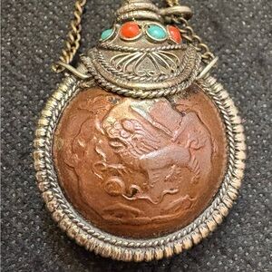 Vintage Copper and Silver Foo dog Snuff bottle with Turquoise and Coral Accents